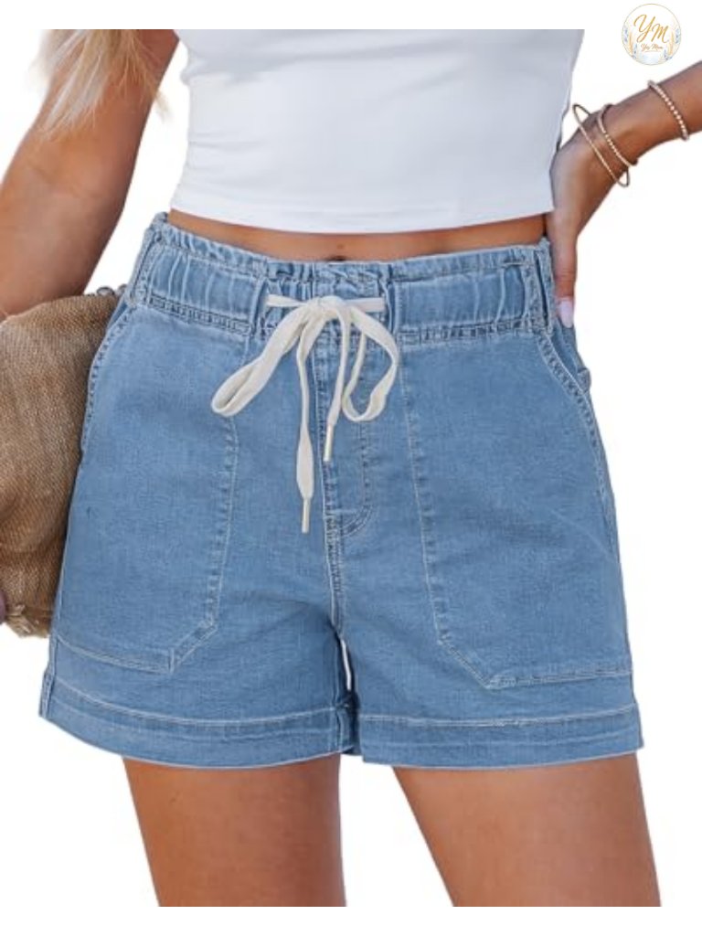 High Waisted Drawstring Denim Shorts Women Stretchy Pull On Wide Leg Jorts